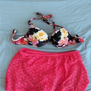 Floral Bikini Top and Pink Crochet Skirt